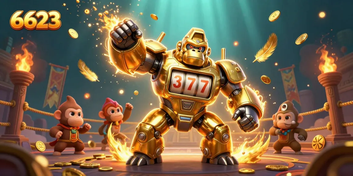 Engage with the thrilling 6623 gaming experience featuring a golden gorilla mech and dynamic casino elements.
