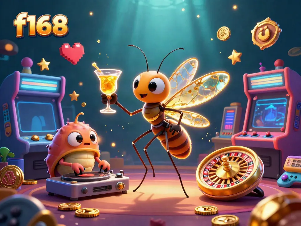 Experience f168's vibrant atmosphere with cartoon casino mascots and game elements.