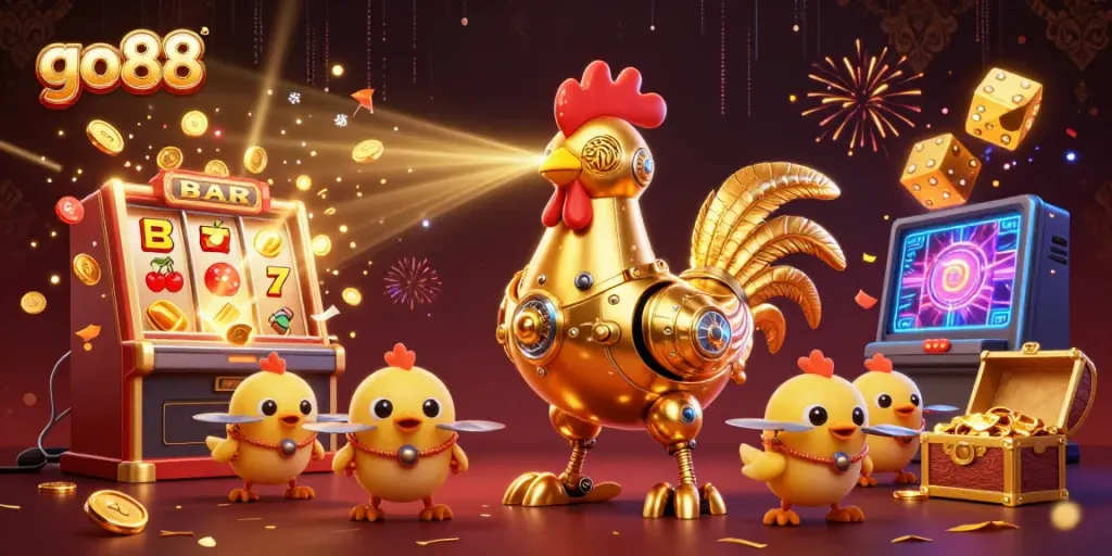 Experience thrilling games at GO88 with golden rooster robot and vibrant 3D jackpot elements.