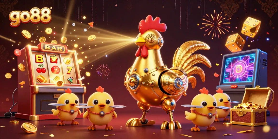 Experience thrilling games at GO88 with golden rooster robot and vibrant 3D jackpot elements.