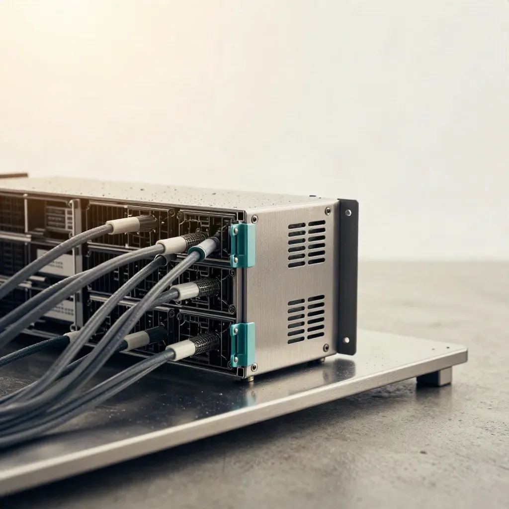 Blade server chassis with fiber leads and teal latch on a steel tray in rain mist.