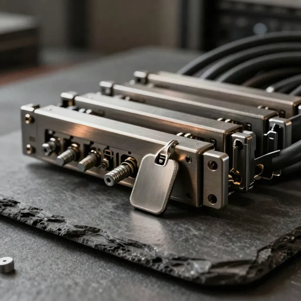Server rails, a hardware token and coiled cable on dark stone under warm edge light.
