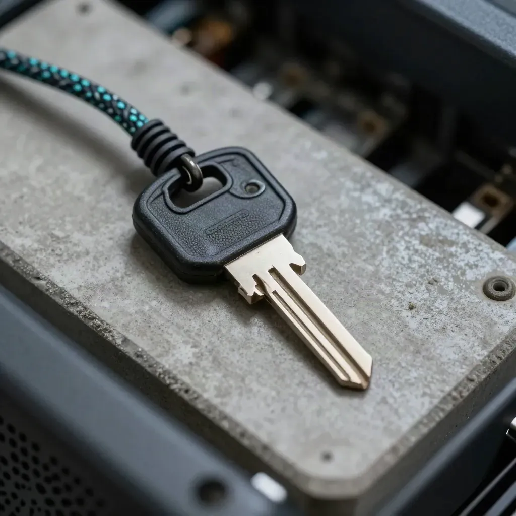 Top-down macro of a server key, braided ethernet lead and rail clip on concrete.