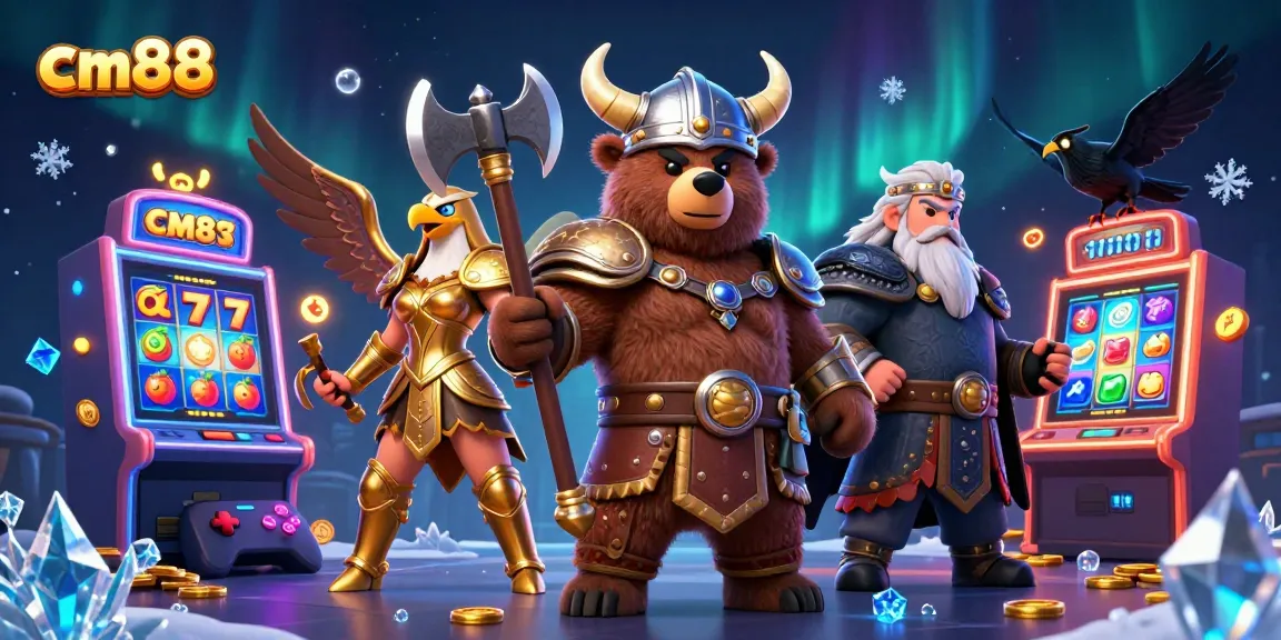 Spin the reels at cm88 with a lively Viking bear, Valkyrie eagle, and glowing slot machines.