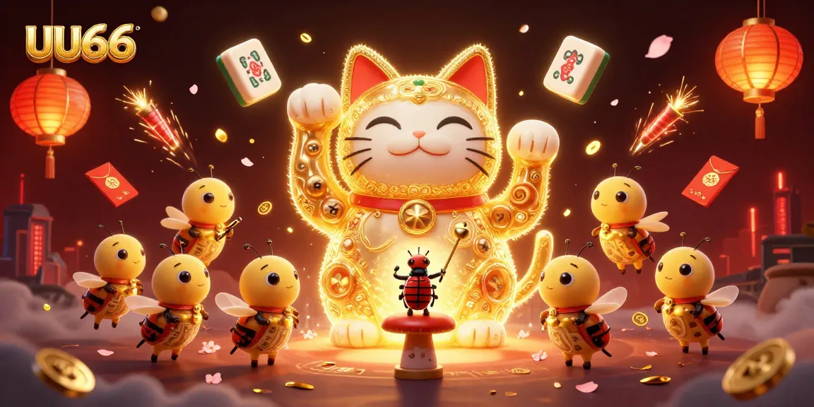 Experience the excitement of UU666 with a vibrant casino scene featuring a giant lucky cat and dynamic symbols.
