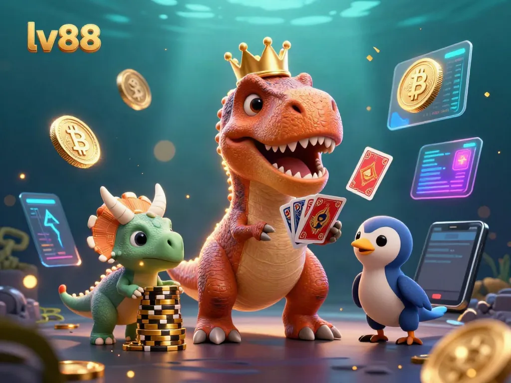 Engage in casino action with the fun 3D characters at lv88 amidst vibrant cryptocurrency elements.