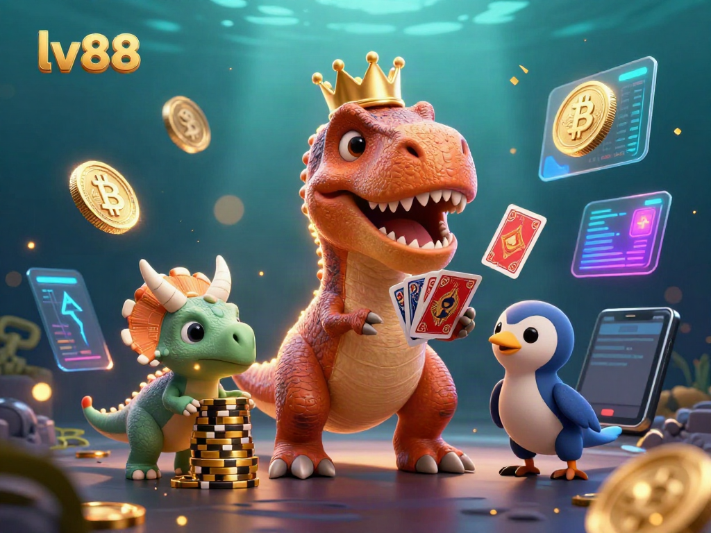 Engage in casino action with the fun 3D characters at lv88 amidst vibrant cryptocurrency elements.