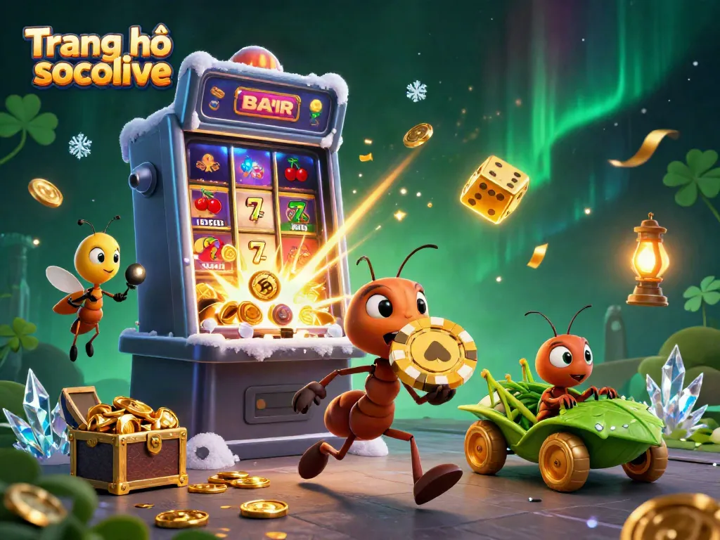 Experience thrilling moments at Trang chủ socolive with cartoon ants heisting a giant poker chip in a vibrant casino scene.