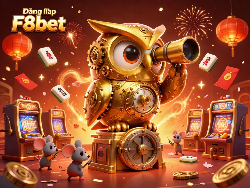 Join the excitement of Đăng nhập F8bet with a golden owl guarding the casino floor amidst vibrant decorations.