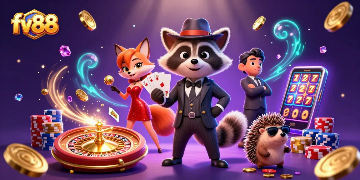 Experience the thrills of casino games with fv88 in a vibrant scene featuring characters and gaming elements.