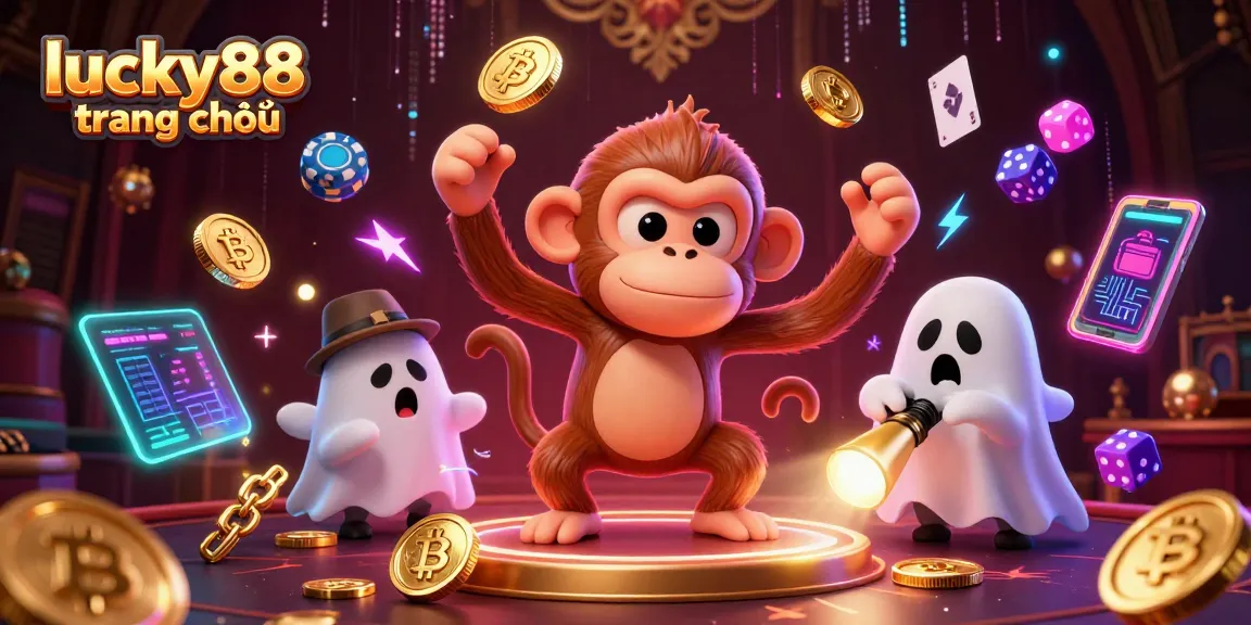 Engage with thrilling moments in lucky88 trang chủ featuring a playful poltergeist monkey and a curious puppy, capturing the excitement of the casino atmosphere.