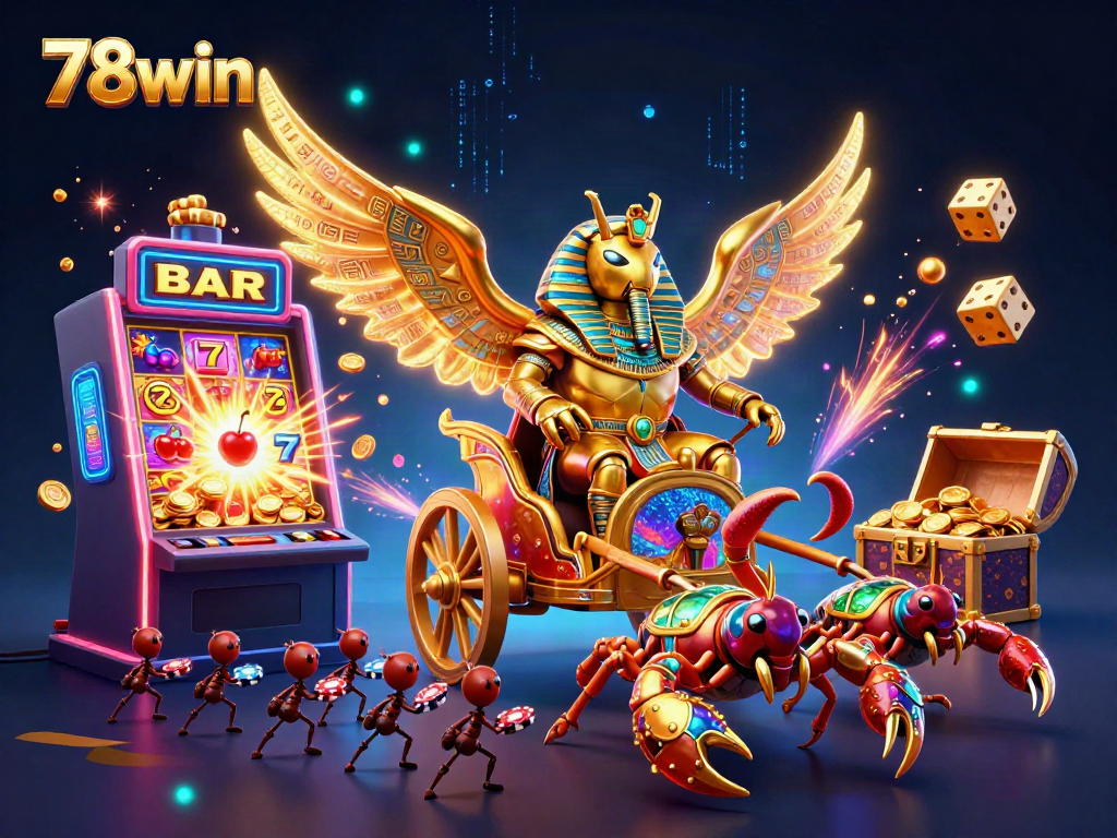 Experience the excitement of 78win with a dynamic casino scene featuring a golden scarab beetle, slot machines, and vibrant game elements.