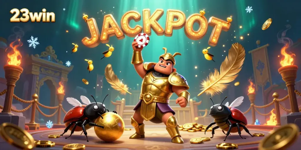 Experience the thrill of 23win with the herculean beetle lifting a poker chip in victory.