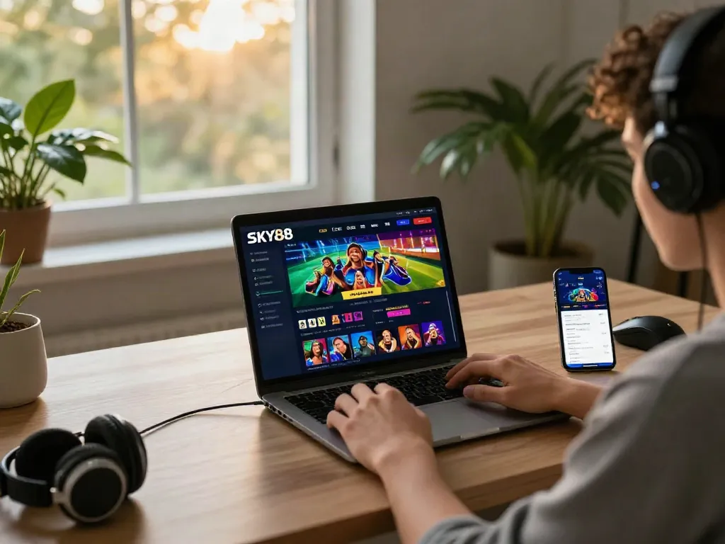 Experience online gaming at https://sky88tg.com/ showcasing interactive casino and sports betting on a laptop with a cozy atmosphere.
