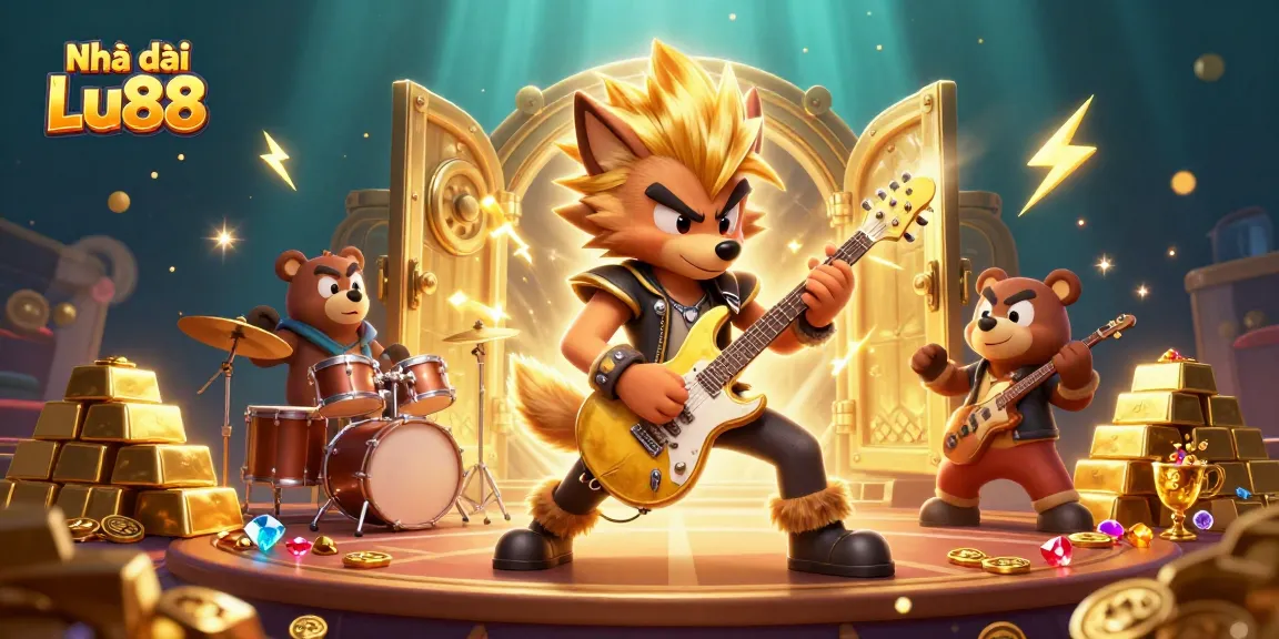 Experience the excitement of Nhà cái Lu88 with a vibrant 3D cartoon scene featuring an electric performance and lavish gaming elements.