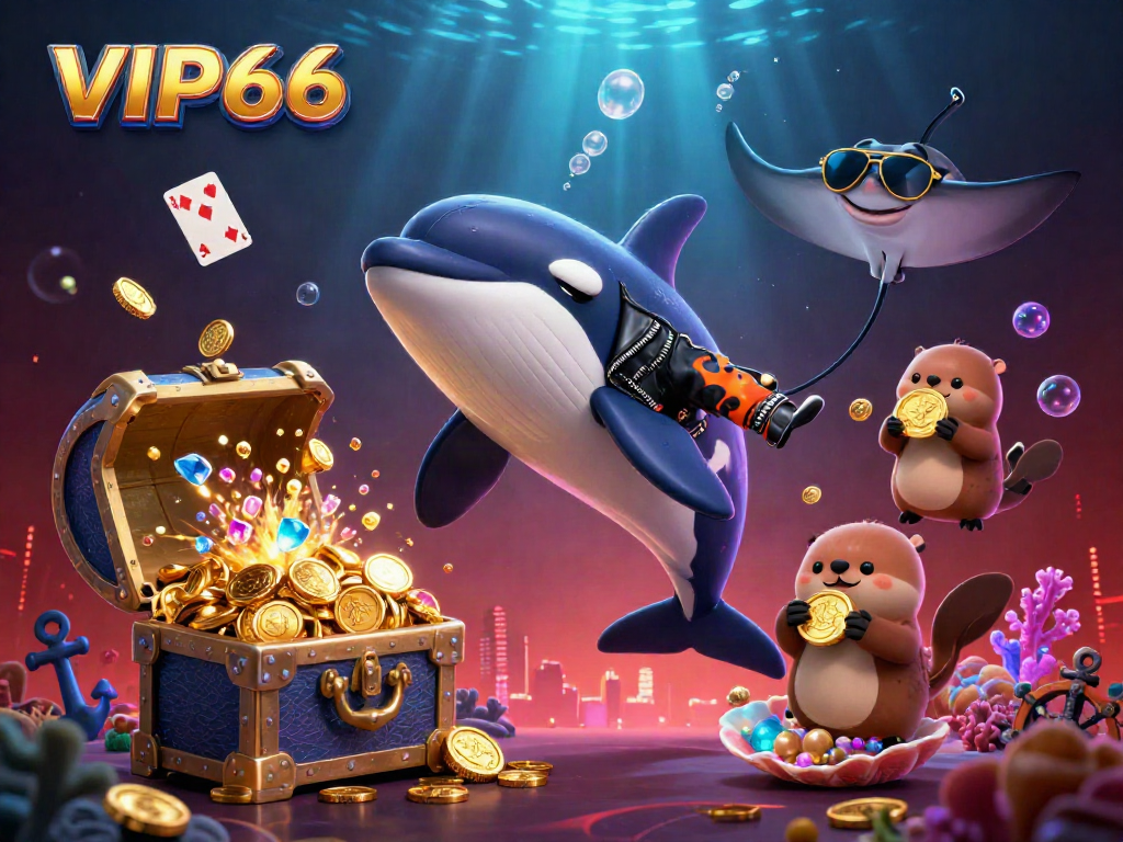 Engage in thrilling underwater action with VIP66 in this vibrant casino-themed illustration.