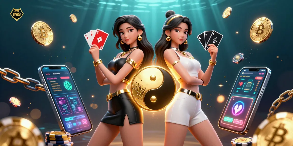 Win big with mm88 in a vibrant casino scene featuring twin Asian women showcasing cards and crypto.