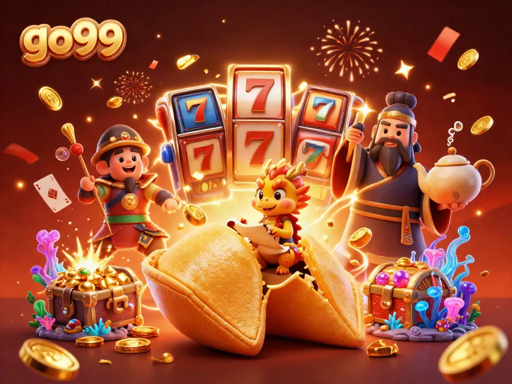 Engage with go99's thrilling slots scene featuring a golden fortune cookie, dragon, and slot elements.