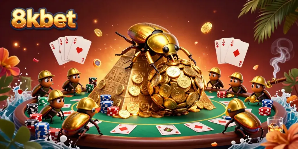 Experience the thrilling realm of 8xbet with a dynamic scene featuring gold beetles and poker elements.