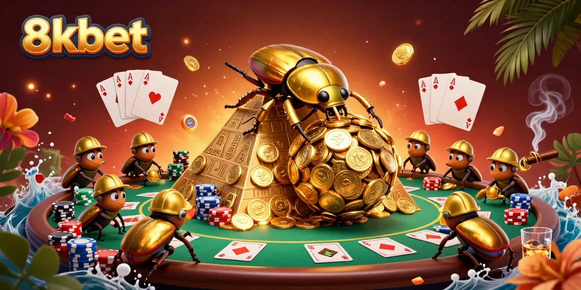 Experience the thrilling realm of 8xbet with a dynamic scene featuring gold beetles and poker elements.