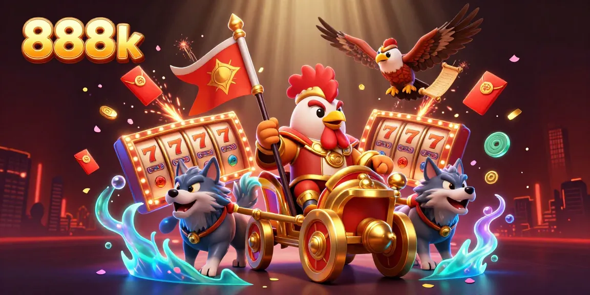 Experience the thrill of 888k with a dynamic 3D illustration showcasing casino excitement and epic characters.