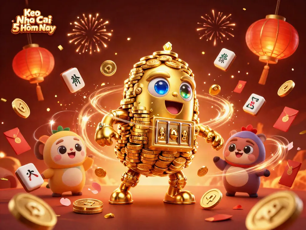 Engage with Keo Nha Cai 5 Hôm Nay, featuring a dynamic scene with a golden golem surrounded by colorful gambling elements.