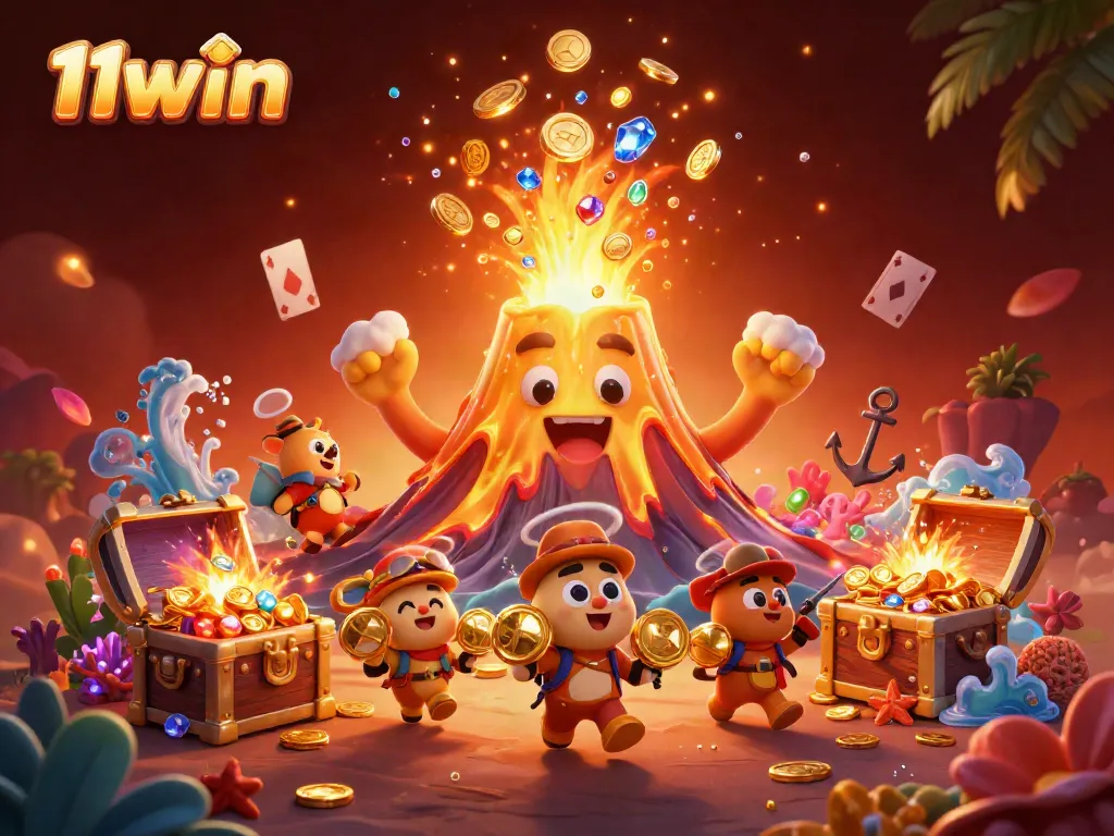 Experience thrilling adventures with 11win in a vibrant 3D casino illustration filled with treasure and excitement.