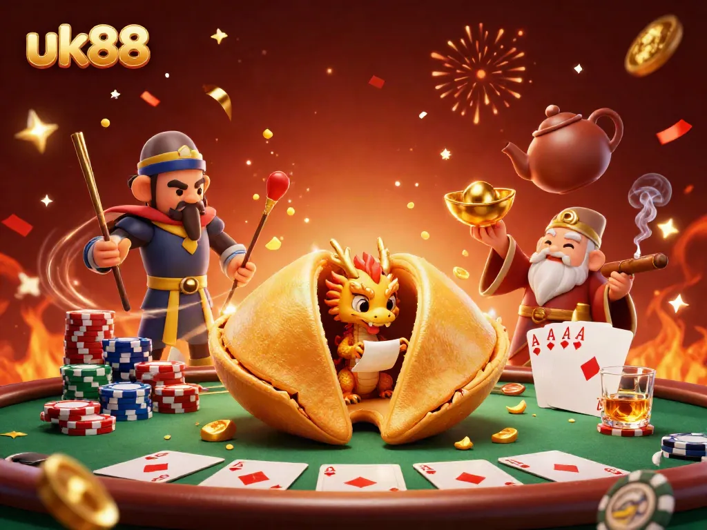 Experience thrilling wins with uk88 in this vibrant casino scene featuring golden fortune, poker action, and festive celebration.