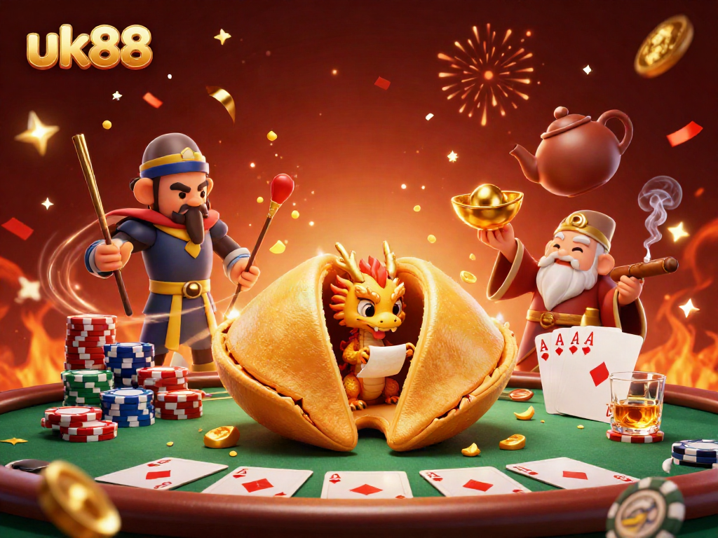 Experience thrilling wins with uk88 in this vibrant casino scene featuring golden fortune, poker action, and festive celebration.