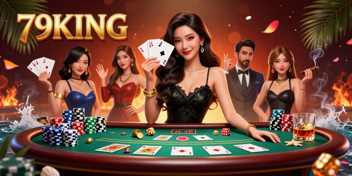 Experience thrilling gameplay with 79KING while elegant characters showcase poker action amidst casino glamour.