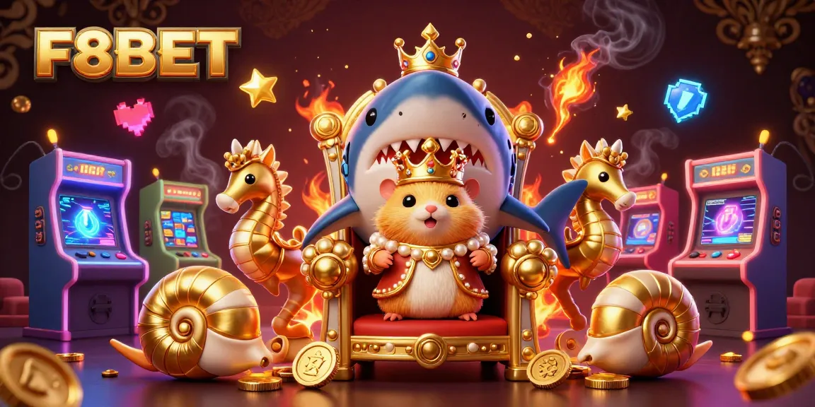 F8BET features a golden hamster king on a shark tooth throne amidst vibrant arcade elements.