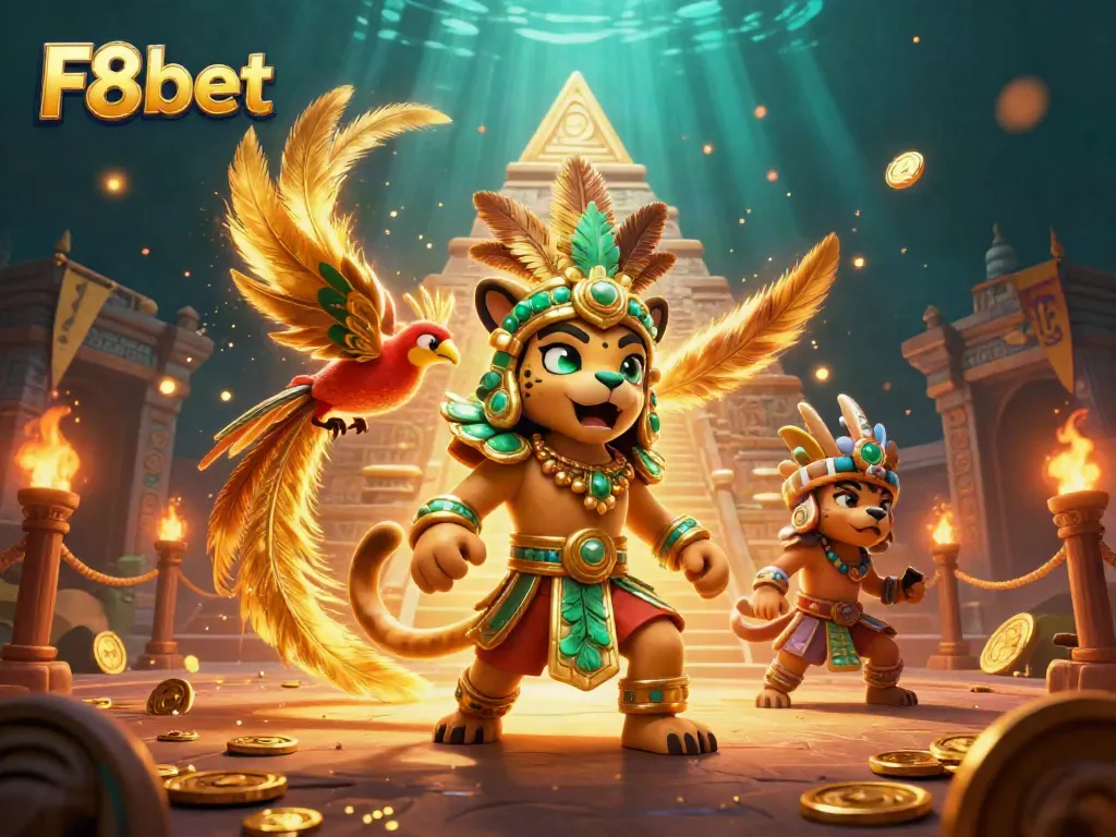 F8bet players experience an exciting casino environment with a Mayan jaguar priest and quetzal bird.