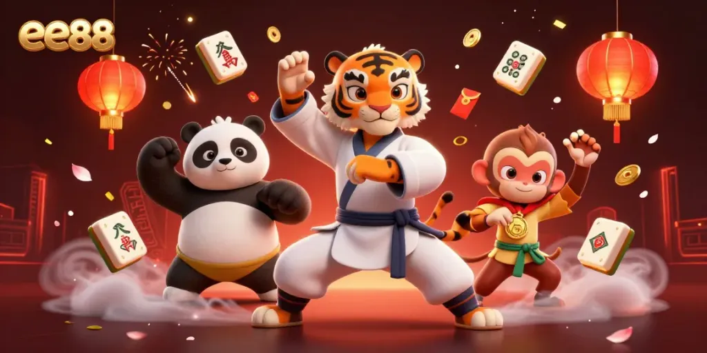 Experience the excitement of ee88 with a kung fu tiger master and players in a vibrant casino scene.