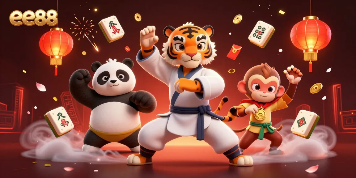 Experience the excitement of ee88 with a kung fu tiger master and players in a vibrant casino scene.