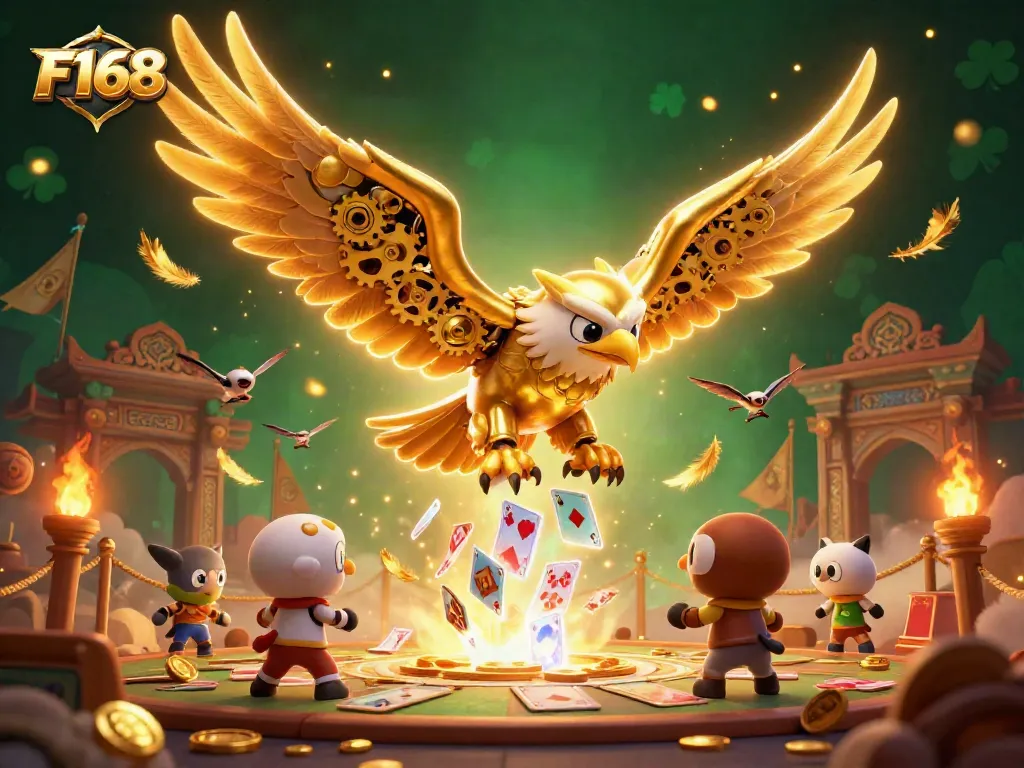 Engage with thrilling F168 gaming action featuring a cybernetic eagle amidst colorful cards and casino elements.