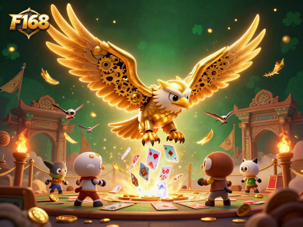 Engage with thrilling F168 gaming action featuring a cybernetic eagle amidst colorful cards and casino elements.