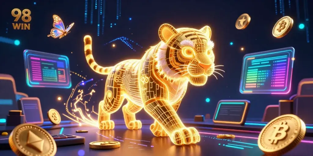 Experience the vibrant digital casino world of 98 WIN, featuring a golden tiger and crypto elements.