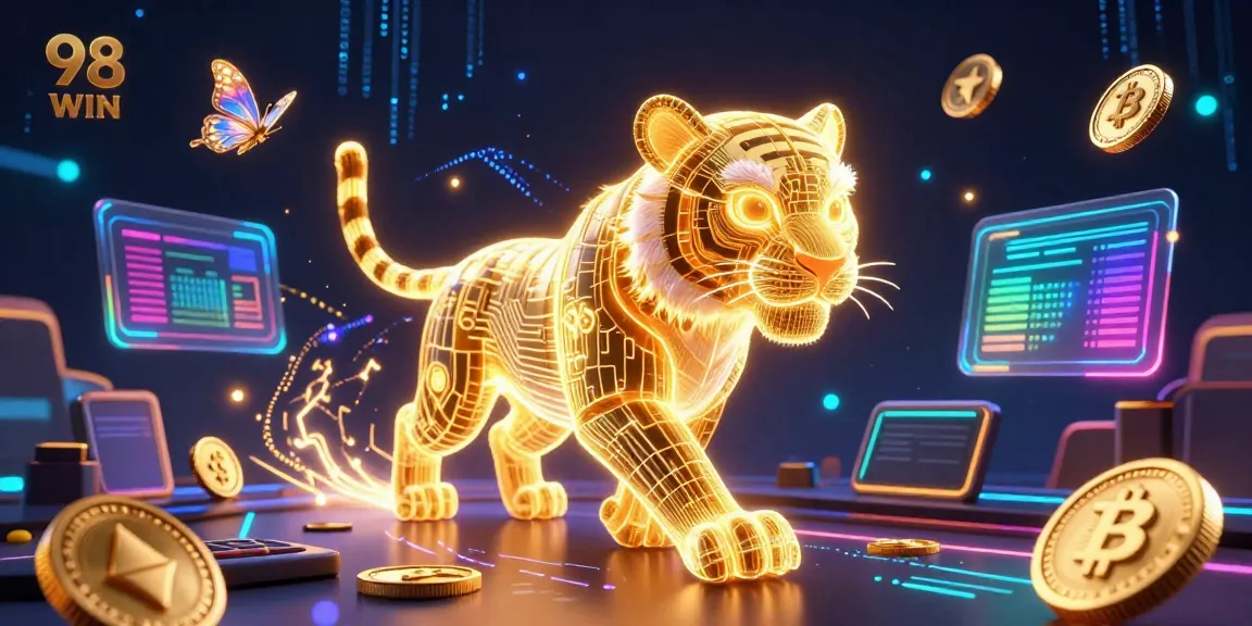 Experience the vibrant digital casino world of 98 WIN, featuring a golden tiger and crypto elements.
