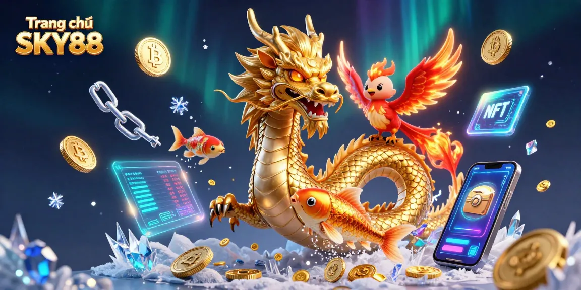 Join the excitement at Trang chủ SKY88, featuring vibrant dragons and crypto elements in a thrilling casino scene.