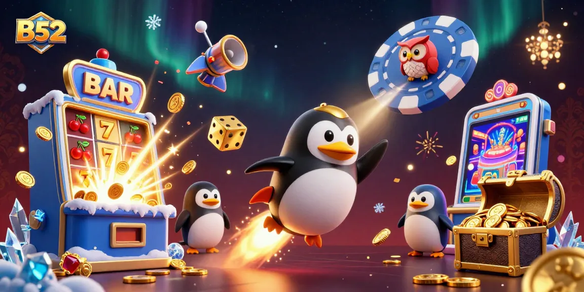 Experience thrilling B52 slots action with penguins, jackpots, and vibrant casino elements.