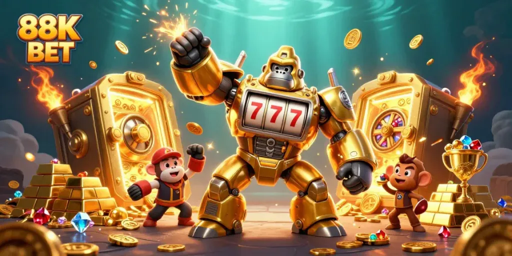 Experience thrilling gameplay with 88K BET as golden gorilla mech bursts with cash.