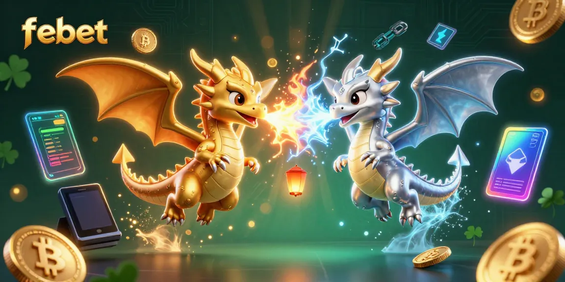 Players engage in thrilling wins with febet, depicted by dynamic dragons amidst crypto elements.