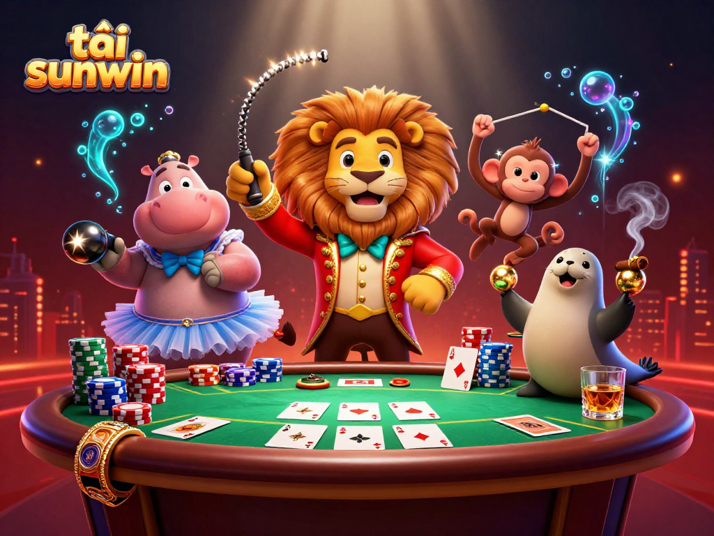 Engage in exhilarating gameplay with tải sunwin as the ringmaster lion oversees a vibrant casino scene filled with action.