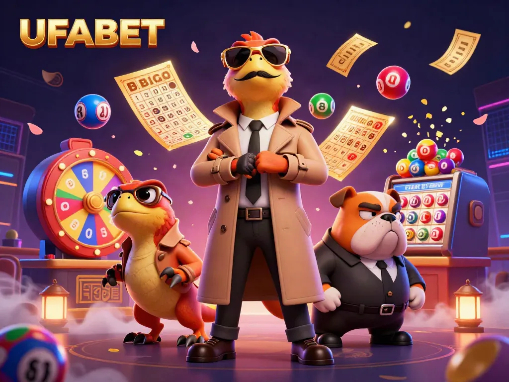 Experience excitement at UFABET with cartoon raptors in a trench coat entering a VIP casino, bursting with lottery elements.