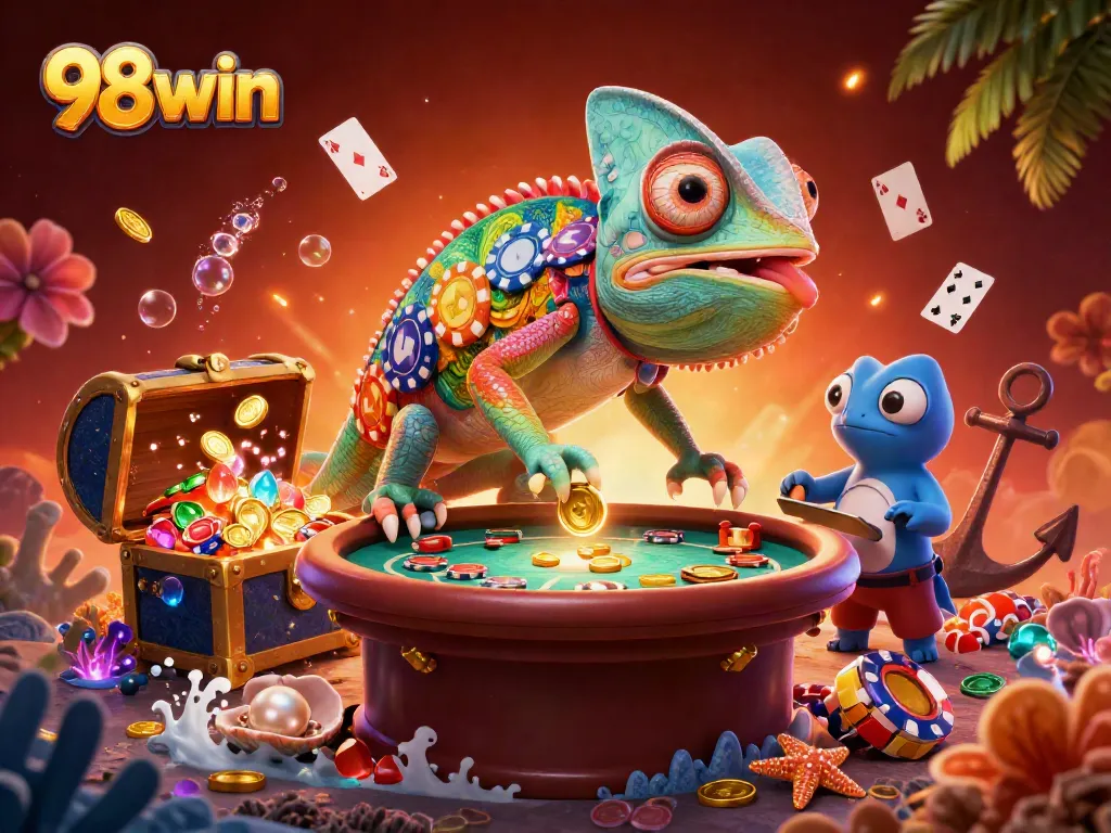 Win big with 98win in this vibrant chameleon casino illustration filled with exciting games.