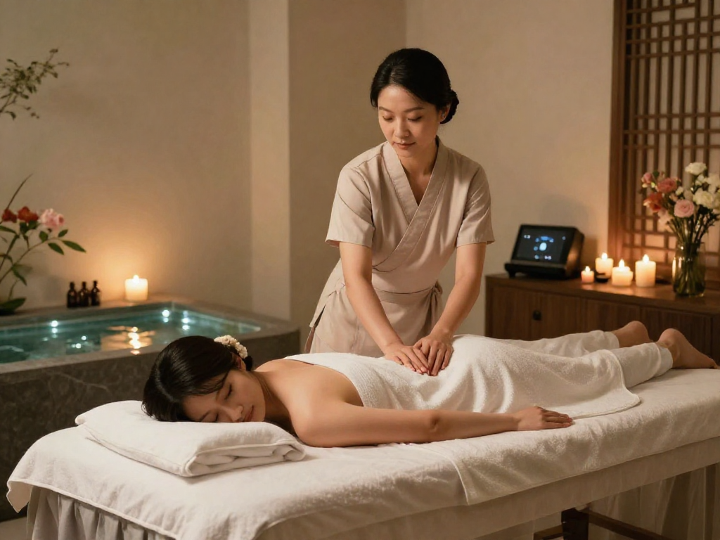Experience luxurious 한국인출장 in a serene home spa setup with calming ambiance and professional massage.