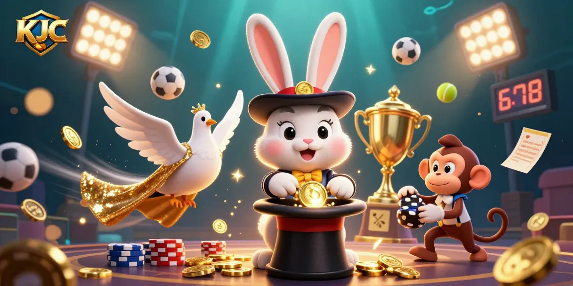 KJC engages players with joyful gambling fun featuring a magician, coins, and dynamic sports elements.
