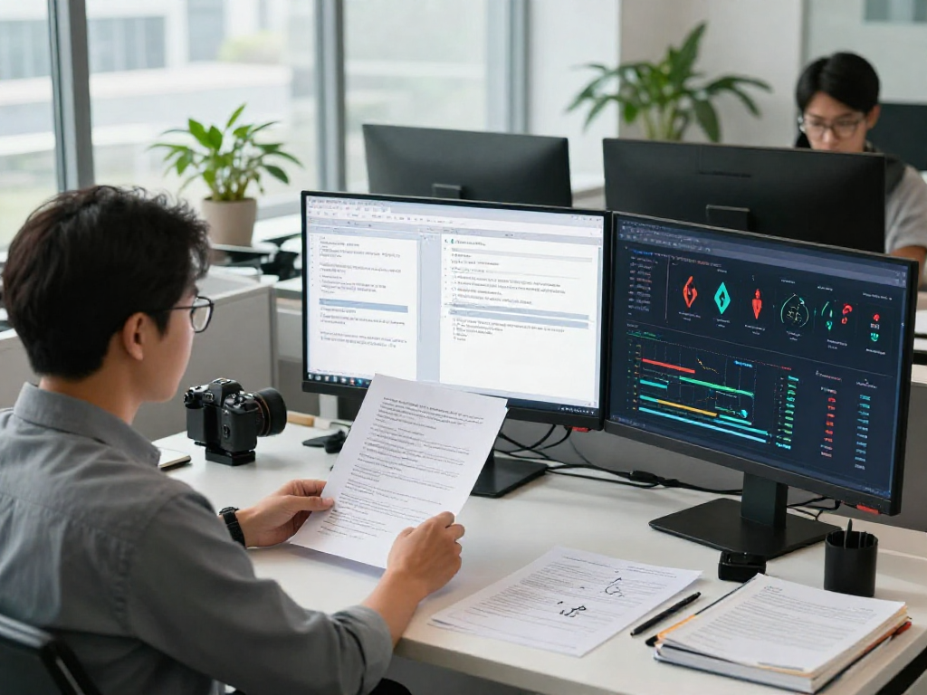 Document fraud detection analysis in a modern office with an analyst reviewing verification metrics and highlighted risks on screens.