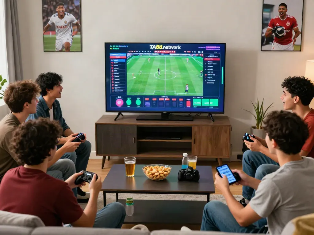 Friends enjoying online betting at TA88.network in a lively living room setting.