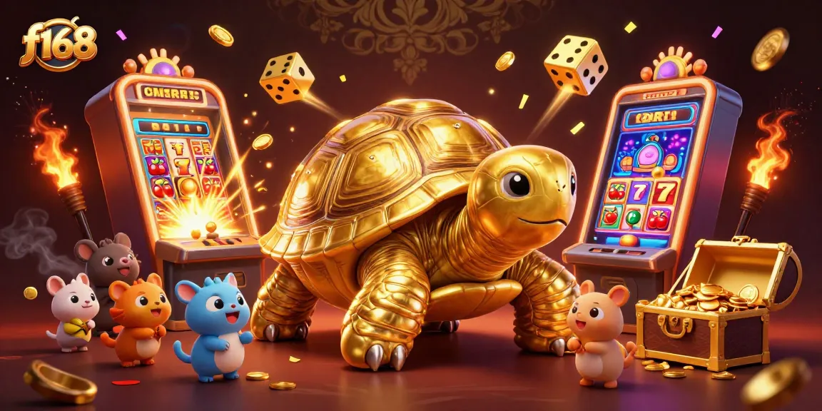 Experience thrilling moments with f168 in this vibrant casino scene featuring a colossal golden tortoise pinball machine.